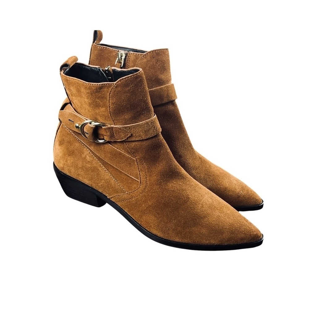 Rebecca Minkoff Suede Ankle Boots Women 8.5M Brown Good Western Buckle Pointed - Picture 15 of 15